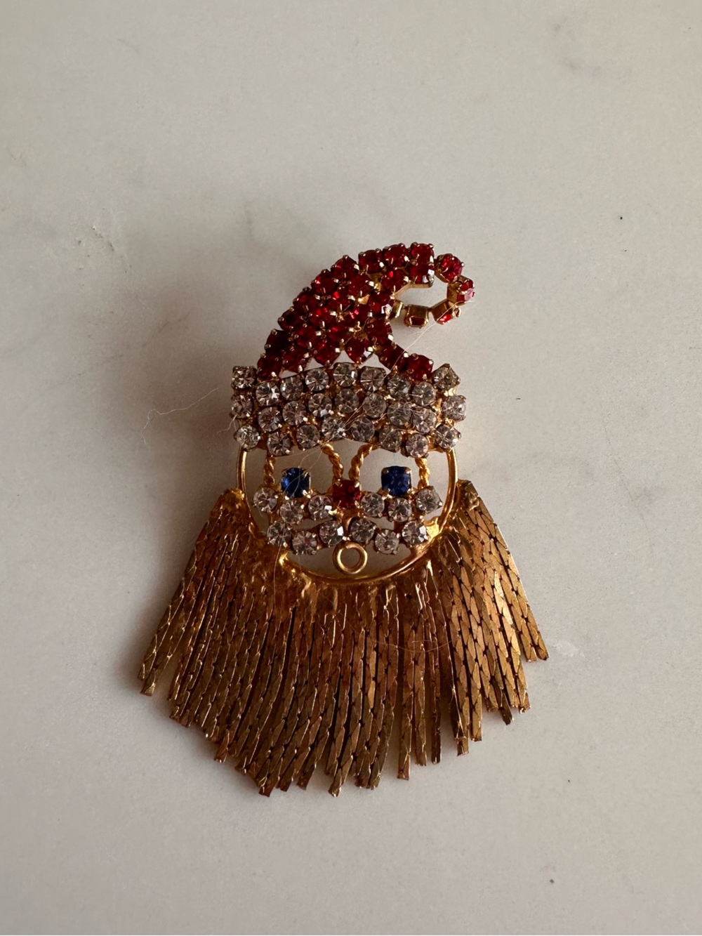 Gold-tone Festive Christmas Santa Brooch with Red and Clear Crystals
